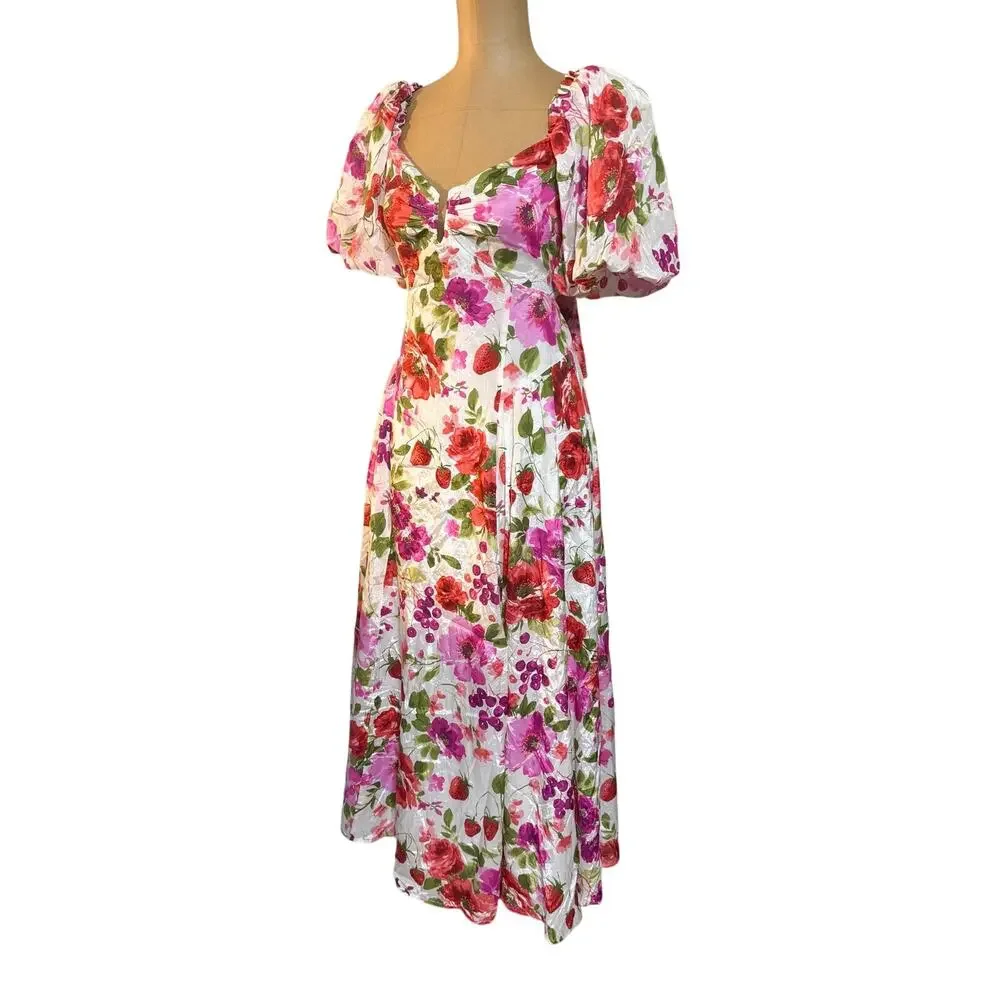 Abercrombie Maxi Dress Strawberry Floral Print Puff Sleeve Sweetheart Neck XS